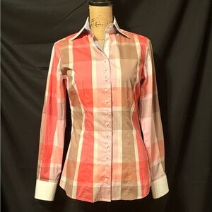 Fior Da Liso Plaid Button-Down Shirt in Red and Tan - US 4